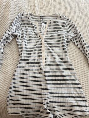 GARAGE Striped Henley Long Sleeve Top romper - Cream & Black